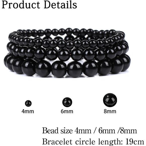 3PCS Black Onyx Healing Crystal Natural Stone Beaded Stretch Bracelet for Women - Picture 5 of 6